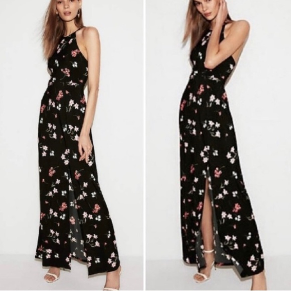 Express Halter Neck Open Back Floral Black Maxi Dress size xsmall
